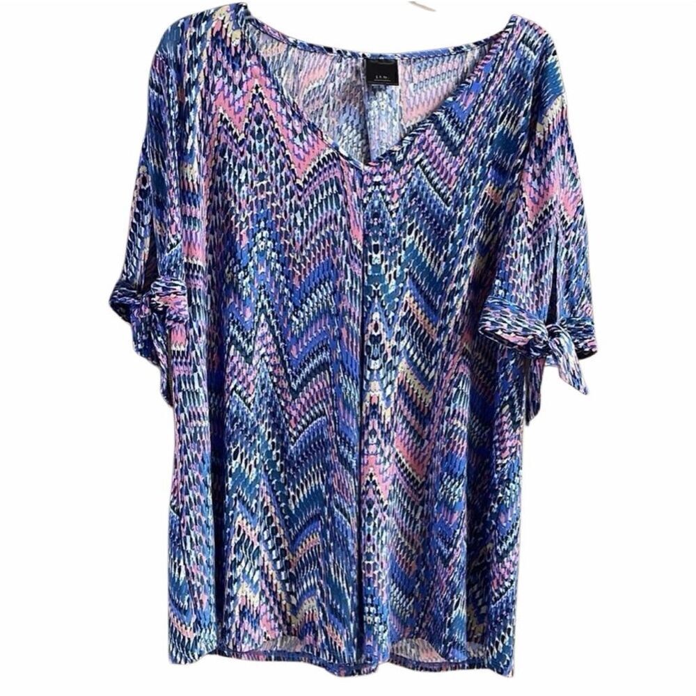 JTB Woman 2X Blue Pink Abstract Chevron Print Tie Sleeve Blouse Boho Plus